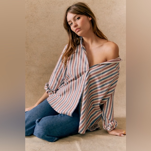 Sézane Max Shirt in Blue Ecru Burgundy Stripes FR 42 / US 10 - Picture 16 of 16